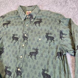 Vintage BARN Fly Shirt Men Large Green Moose Pine Tress‎ Pockets Button Made USA